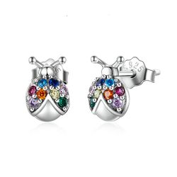 Beetle earrings, Sterling silver stud, Ladybug jewelry, Insect lover gift, Colorful stones