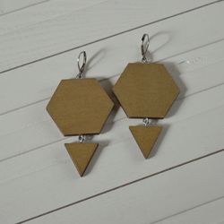 Earrings geometry minimalism Wooden Silver plated Brushed brass color