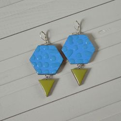Earrings geometry minimalism Wooden Silver plated Blue color