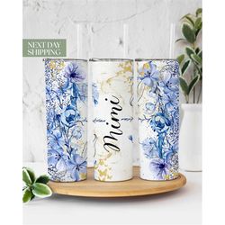 blue flowers mimi glitter tumbler for mother's day - gift for mimi - new mimi gift for mother's day - floral mimi tumble