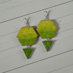 Earrings geometry minimalism Wooden Silver plated Lime color