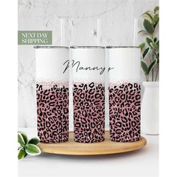 leopard glitter nanny tumbler for nanny mother's day gift - cute birthday gift for nanny - nanny travel, to go cup, pink