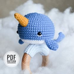 Narwhal baby rattle easy crochet pattern, crochet whale or unicorn fish diy instruction