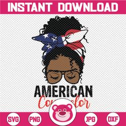4th of july svg american counselor afro black girl mom bun hair sunglasses headband mom life sublimation, messy bun hair