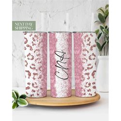 cna pink glitter leopard 20oz skinny tumbler gift for nursing assistant - cna tumbler - cna coworker gift - new job gift