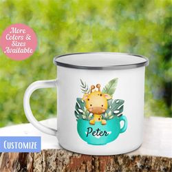 baby giraffe in cup mug, personalize custom name mug, cute mug for kid, camping mug, hot chocolate mug, cute colorful cu
