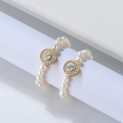 vintage freshwater pearl beads rings for women 925 silver zircon coin ring adjustable elastic