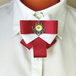 Neck bow for women Red white collar bow brooch Red bow tie pin with crystal