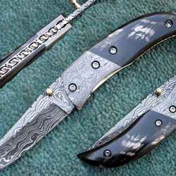 8" Custom Hand Forged Damascus Steel Folding Knife , Hand Made Pocket Knife