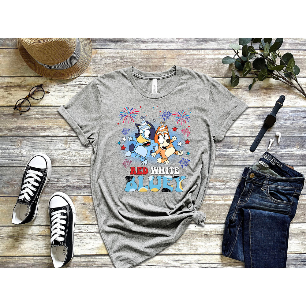 Red White Bluey Shirt, Bluey and Bingo 4th July Shirt, Bluey Independence Day Shirt, Bluey Fireworks Shirt, Independence Day 2023 Shirt - 1.jpg