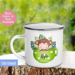 baby monkey in cup mug, personalize custom name mug, cute mug for kids, camping mug, hot chocolate mug, cute colorful cu