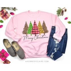 womens christmas sweatshirt pink christmas shirt, leopard christmas tree, buffalo check merry christmas shirt, christmas