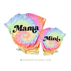 retro mommy and me outfits, mothers day gift from daughter, mama and mini shirts, tie dye t shirts, mother daughter tshi