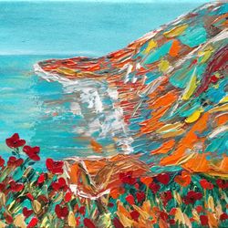 Mountain, sea and poppies landscape poster Oil impasto painting