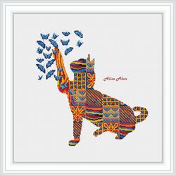 Cross stitch pattern art Cat Butterfly silhouette African ornament colorful animal Insect ethnic counted crossstitch PDF
