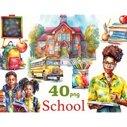 Watercolor School Clipart | Black Woman Illustration Bundle