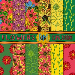 cute flowers seamless pattern, flowers hand drawn set for scrapbooking and crafting, floral background