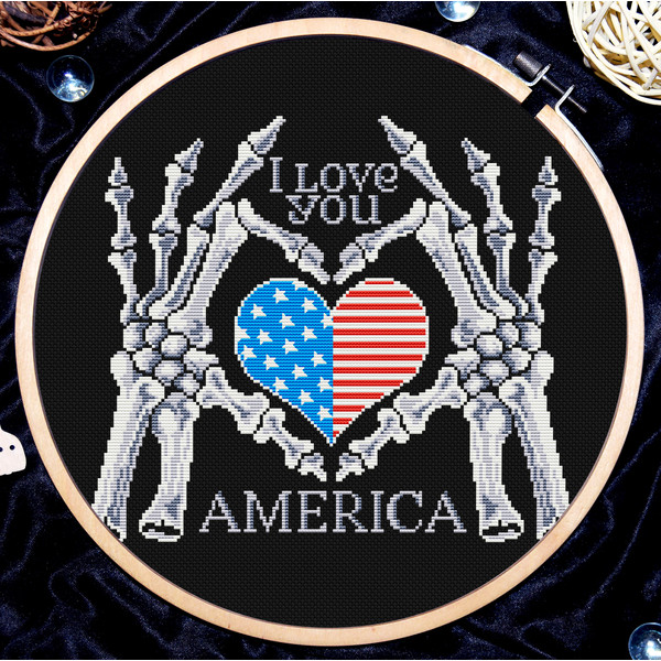 Gothic cross stitch pattern, Skeleton hands cross stitch, Cross stitch quote, I love you America, Digital PDF.jpg