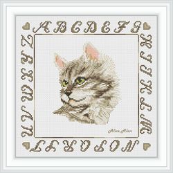Cross stitch pattern head Cat alphabet portrait monochrome sepia kitten kitty feline nature counted crossstitch patterns