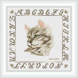 cross stitch pattern head cat alphabet portrait monochrome sepia kitten kitty feline nature counted crossstitch patterns