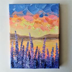 Bright Acrylic Painting of a Sunset on the Lake Landscape Art