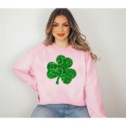 glitter shamrock sweatshirt, st patricks day shirt women, four leaf clover crewneck, irish gifts for her