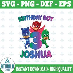 personalized name and ages, birthday boy pj masks png iron on transfer, personalized diy, birthday girl party printables