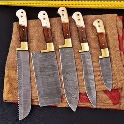 Handmade damascus steel Chef knives set with wood and Camel bone handle. Best anniversary gift for dad or son