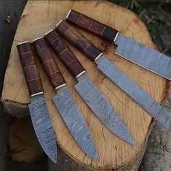 handmade damascus steel beautiful chef set with wood iron wood handle. best kitchen knives set with leather kit