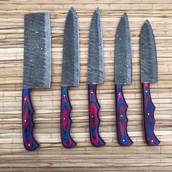 handmade damascus steel beautiful chef knives set with pakka wood handle. best gift, handmade gift