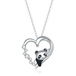 Panda necklace, Sterling silver heart pendant, Bear lover gift, Statement jewelry