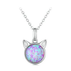 Cat necklace, Sterling silver pendant with synthetic opal, Statement cat lover gift