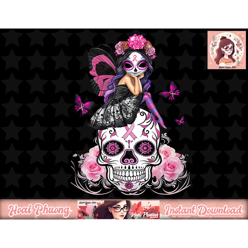 Cute Fairy Sugar Skull Breast Cancer Butterfly Pink Ribbon png, instant download.jpg