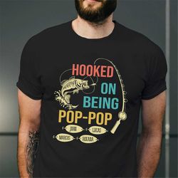 personalized gifts for grandpa, hooked on being pop-pop t-shirt, fathers day tee, funny fishing shirt, pop-pop with gran