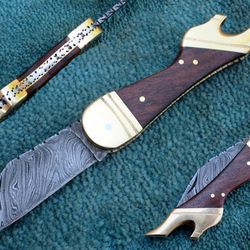 damascus folding knife , custom hand made damascus steel blade folding pocket knife