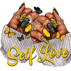 black woman self love nails png sublimation design download, self love png,yellow and black nails png