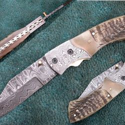 folding knife , custom made damascus steel blade pocket knife , hand made folding knife