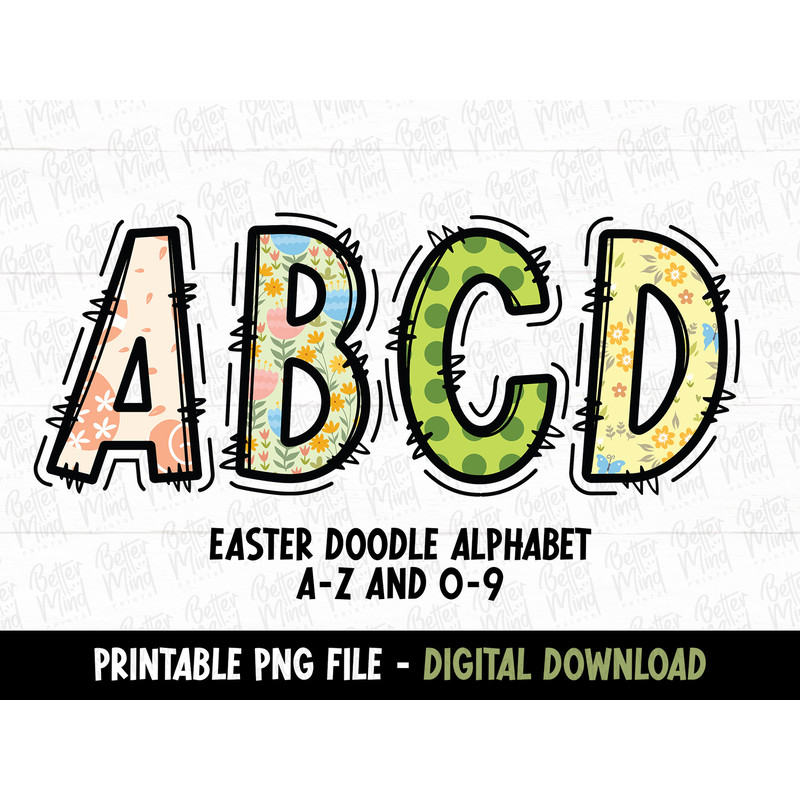 Easter Doodle Alphabet PNG, Alphabet Letters PNG Bundle, Hand Drawn Doodles, Easter Sublimation Alphabet Set Designs PNG, Sublimation - 1.jpg