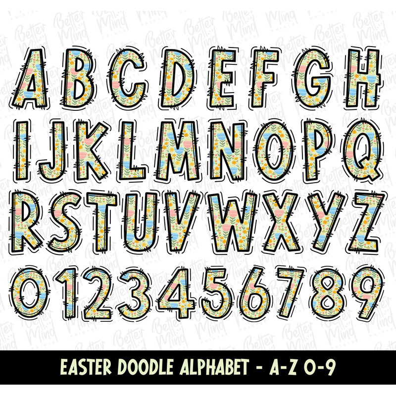 Easter Doodle Alphabet PNG, Alphabet Letters PNG Bundle, Hand Drawn Doodles, Easter Sublimation Alphabet Set Designs PNG, Sublimation - 3.jpg