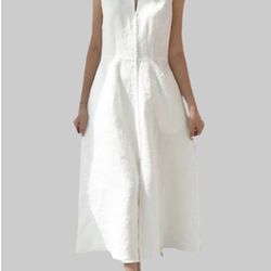 Lace Patch Round V-neck Pocket Sleeveles Cotton Dress With Belt