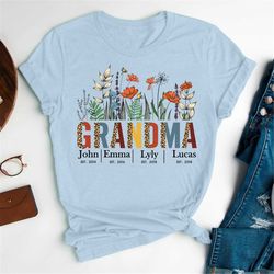 personalized grandma t shirt, wildflower grandma shirt, custom grandkids names floral art shirt, best gift for mother's