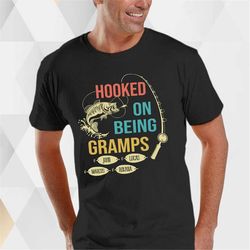 personalized gifts for grandpa, hooked on being gramps t-shirt, fathers day tee, funny fishing shirt, gramps with grandk