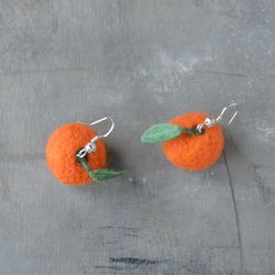 Orange mandarin earrings for women Needle felted wool tropical fruit Handmade bright citrus jewelry gift for girl