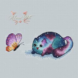 Cosmo cat with butterfly. Cross stitch pattern pdf & css