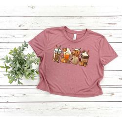 women's cropped fall latte, fall crop, pumpkin spice latte, halloween cropped top