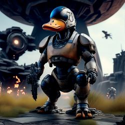 Hyperrealistic Portrait of Anthropomorphic Cyber Soldier Duck