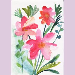 Watercolor red pink flowers floral colorful painting sketching. Watercolor floral sketch art print downloadable