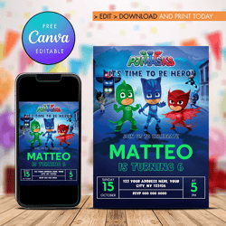 editable pj masks birthday invitation, catboy birthday, gecko birthday, owl girl birthday instant downlod