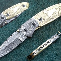 folding knife , custom hand made damascus steel blade pocket knife , fancy folding knife