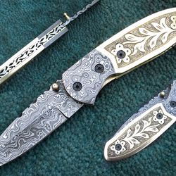 fancy folding knife superior hand forged damascus blade folding knife , hand made pocket knife